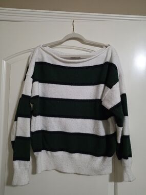 SO Green and White Striped Off-Shoulder Sweater